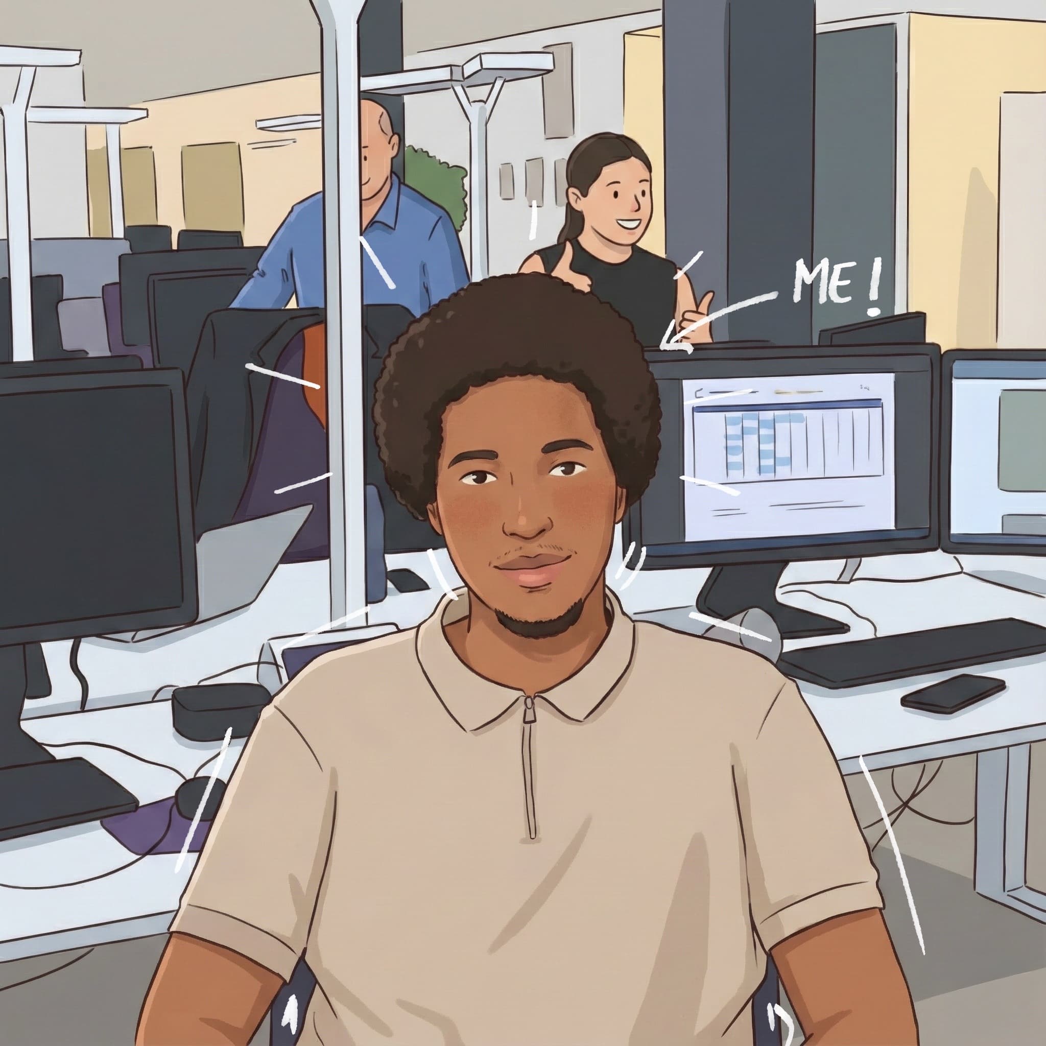Illustrated portrait of Hissein DOUDOU at his desk